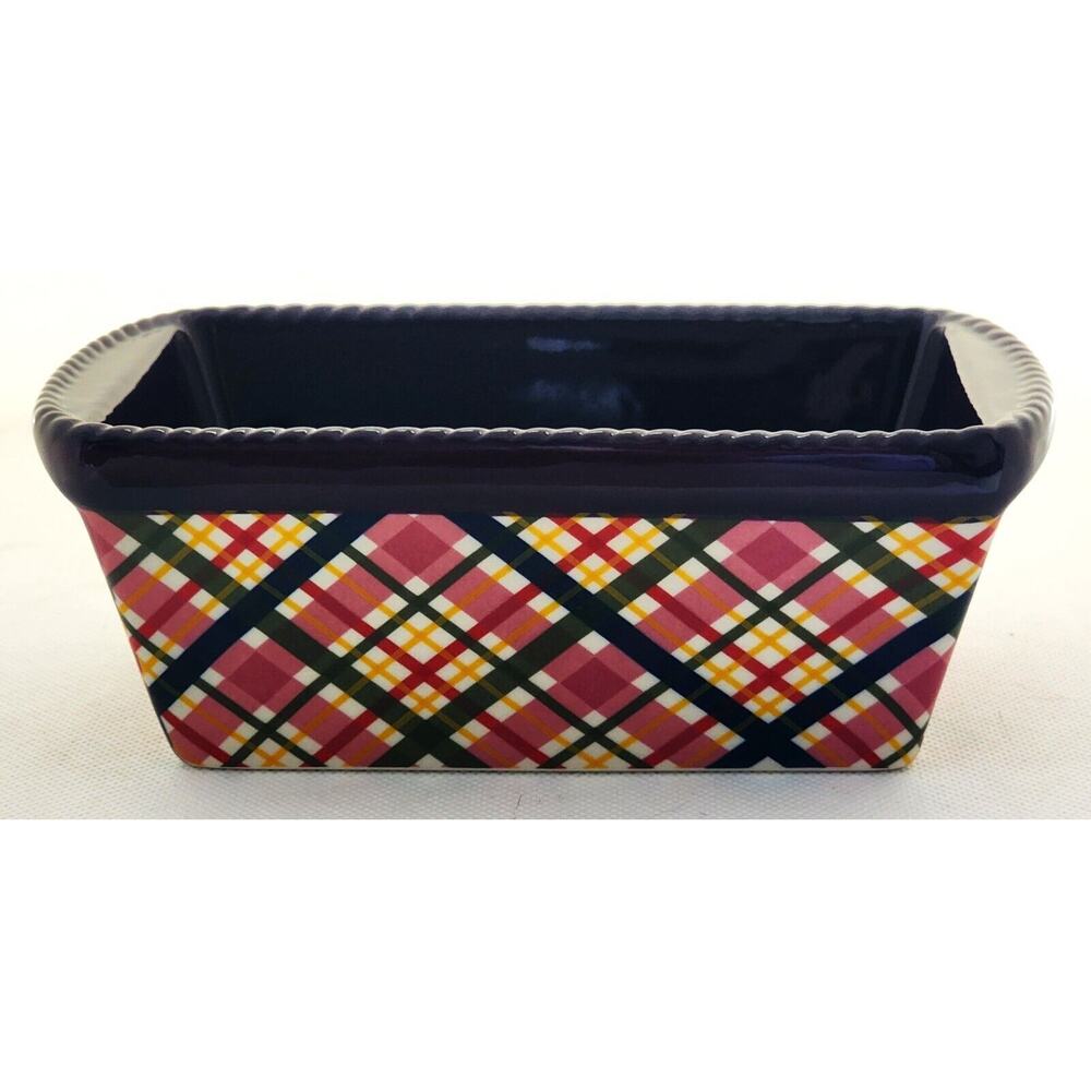 Loaf/Baking Dish-TempTations-Ceramic-Plum & Pink-Plaid-Holiday Theme-Small